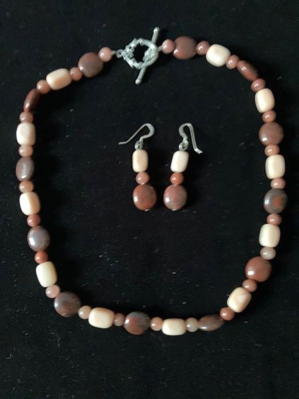 Brown and Tan Stone Beaded Necklace and Earring Set